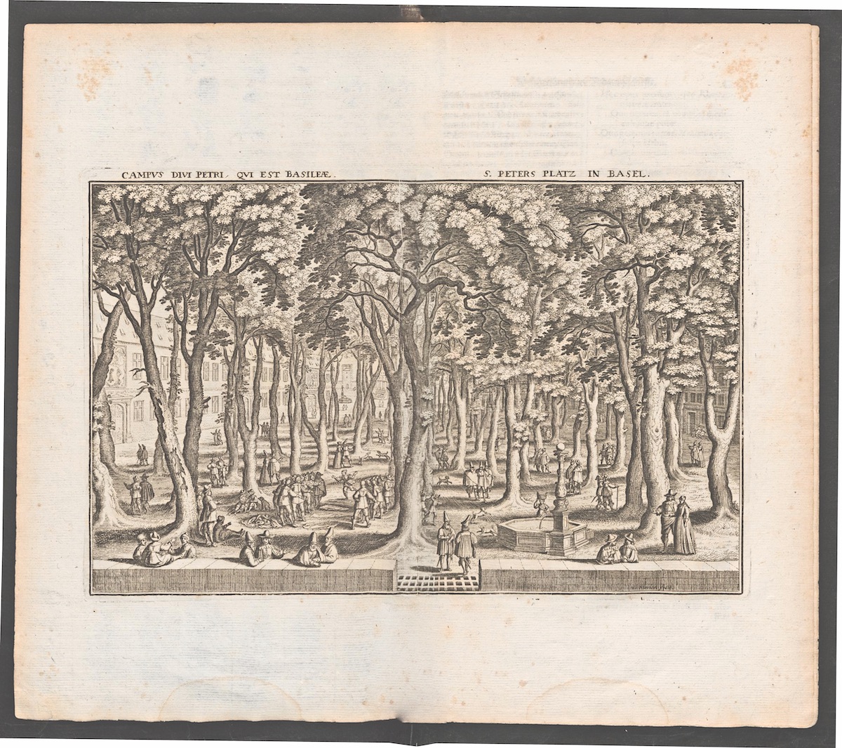 Unter den Bäumen des Petersplatz in Basel. Stich von M. Merian, in Topographia Helvetiae, Rhaetiae, et Valesiae, Frankfurt-am-Main, 1654. Sammlunng ETH-Bibliothek, Zürich